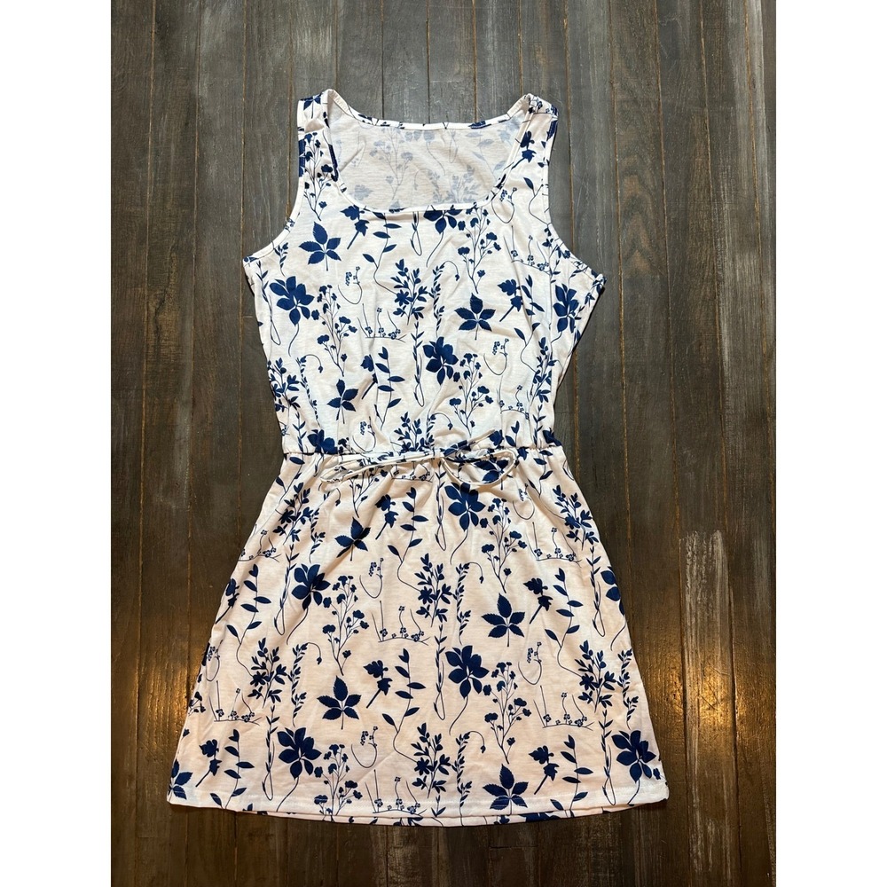 SHEIN Womens White Blue Floral Sleeveless Mini Dress Drawstring Waist Summer